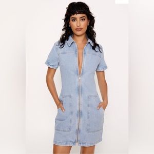 Zip Through Short Sleeve Denim Mini Dress Size 8 NWT